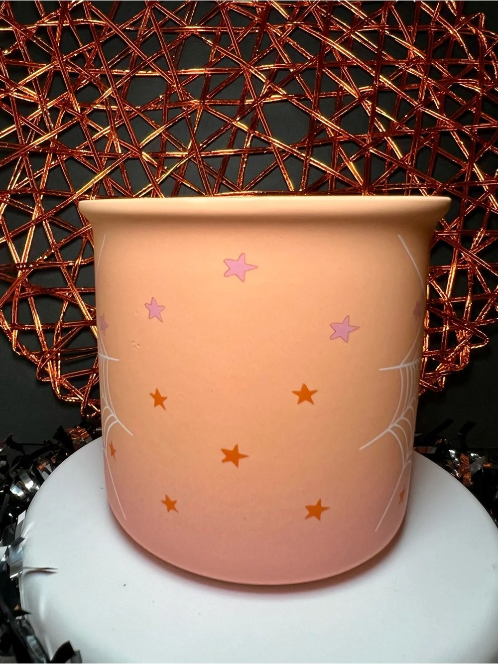 Halloween Light Orange Spiderweb Mug with Black Spiders Ombré Stars Stoneware